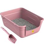 CAT CENTRE Pink Large Cat Kitten Litter Tray Box + Waste Scoop Set High Sided Deep Toilet Loo Adult Cats Kitten Pan Pet Loo Easy Cleaning Lowered Entry Step 11.5cm Easy Access Elderly Cat Trays