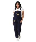 The Mom Store Maternity Corduroy Dungaree | Loose Fit for Growing Belly | Pre and Post Pregnancy | Side Buttons | Adjustable Shoulder Straps | Jeans | Color - Navy Blue Floral | L