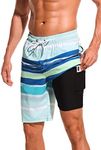 difficort Mens Swimming Trunks with Compression Liner Quick Dry Board Shorts Swimsuit with Zipper Pockets,Light Green+Blue,Small