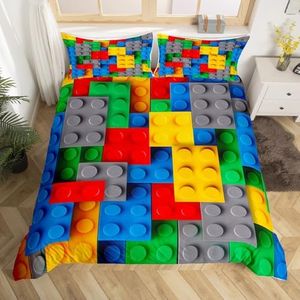 Erosebridal Construction Twin Bedding Sets for Boys,Colorful Comforter Cover 3D Building Blocks Duvet Cover,Kids Brick Bed Set Rainbow Gradient Room Decor for Teen Girls,Red Yellow Green Blue Grey