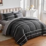 FlySheep Boho Bed in a Bag 7 Pieces Queen Size, White Striped on Black Dark Gray Reversible Comforter Set (1 Comforter, 1 Flat Sheet, 1 Fitted Sheet, 2 Pillow Shams, 2 Pillowcases)