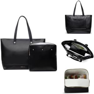 Modern Picnic Vegan Leather Tote Bag for Women, Easily Wipeable, Removable Insulated Pouch For Your Lunch or Snacks, Travel Tote with Luggage Sleeve for Office/Outdoor As Seen on Shark Tank