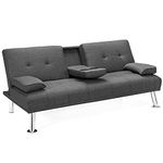DORTALA Sofa Bed, Futon Sofa w/ Iron Leg, Adjustable Angle Function, Removable Armrests, Foldable Cup Holders, Breathable Linen Fabric, High-resilience Sponge, Ideal for Studio Living Room Apartment, Dark Gray