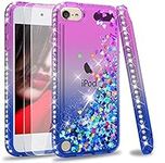 LeYi Case for iPod Touch 7th / 6th / 5th Gen with Glass Screen Protector [2 pack], Glitter Liquid Luxury Clear TPU Silicone Shockproof Phone Cover for iPod Touch 5th 6th 7th Generation Purple Blue