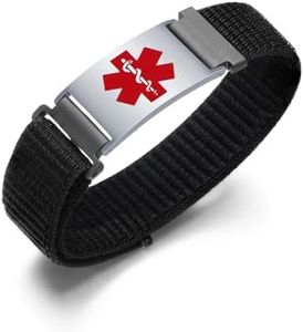 Personalized Sport Medical Alert Bracelets for Women Men - Custom Medical ID Bracelets with Free Engraving - Hook and Loop Buckle Nylon Wristband Emergency Bracelet Adjustable (Black/Silver Tag)