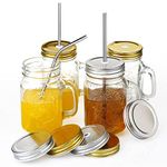 YHANEC Mason Jars with Lids and Straws, 4 Set Iced Coffee Cup with Handles with Handles, 450ml, 4 Stainless Steel Straws/Straw Hole Lids/Sealing Lids, Reusable, for Partys, Smoothies, Cocktails