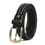 LOUIS STITCH Men's Black Weaved Leather Belt Casual Belts for Men Spanish Leather Brass Buckle 1.5 Inch (35mm) (BEVBWE) (Size -36)