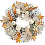 Miaikoe 18 Inch Autumn Wreath Decoration for Front Door, Fall Neutral Wreath with Maple Leaf Berry Harvest Pumpkins Pinecones for Fall Thanksgiving Halloween Decorations 45cm (White&Brown)