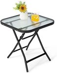 HAPPYGRILL 18” Folding Square Glass Side Table, Portable Patio Bistro Coffee Table with Tempered Glass Tabletop, Solid Steel Structure, Ideal for Poolside Backyard Living Room