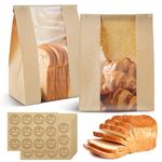 RETON 100 Pcs Kraft Paper Bread Bags for Homemade Bread, Greaseproof Paper Bags with Window Tin Tie Tab Lock, Large Paper Sandwich Bags with Thank You Stickers for Food Packaging(13.7''X8.2''X3.5'')