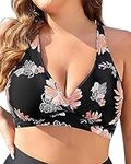 Yonique Women Plus Size Bikini Top Only Large Bust Swim Top Full Coverage Swimsuit Top Sport Bra Bathing Suit Top No Bottom, Black and Flower, 14 Plus