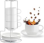 Mfacoy 8 Ounce Porcelain Cappuccino Cups with Saucers and Metal Stand, Stackable Coffee Cups for Specialty Coffee Drinks, Cappuccino, Latte, Espresso, Americano and Tea - White Cups Set of 4