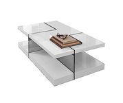 Saturn Coffee Table - Modern Rectangular 2-Tier Table Featuring Glossy White Lacquered Tabletop & Base with Clear Tempered Glass Supports