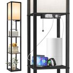 OUTON Floor Lamp with Shelves, LED Modern Shelf Floor Lamp with 2 USB Ports & Power Outlet, 3 Color Temperature, Storage Display Wood Column Standing Tall Lamp for Living Room, Bedroom, Office, Black