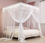 Mengersi Princess 4 Corners Post Bed Curtain Canopy Mosquito Net Princess Canopies (White, Full)