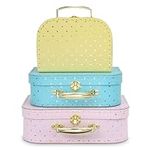 Jewelkeeper Paperboard Suitcases, Set of 3 Vintage Decorative Storage Box, Luggage Decor Storage, Vintage Decor for Birthday, Weddings, Christmas Decoration, Pink, Blue, Yellow with Gold Polka Dots