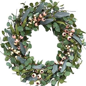 Bibelot 20inch Artificial Eucalyptus Wreath Green Leaves Wreath White Berry Big Berries Wreath for Front Door All Seasons Wreath Year Round Decor Home Decor