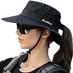 Womens Summer Mesh Wide Brim Sun UV Protection Hat with Ponytail Hole, Pure Black, One Size