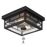 CALOKES Outdoor Flush Mount Motion Sensor Ceiling Light - Timeless Industrial Design with Seeded Clear Glass for Your Porch, Driveway, Covered Patio, Farmhouse, and Entryway