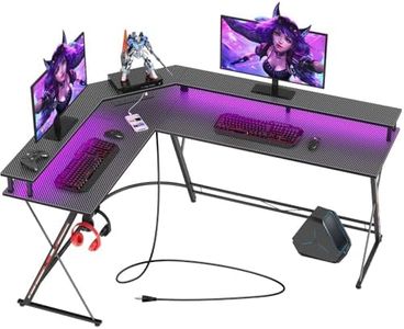 SEVEN WARRIOR L Shaped Gaming Desk with LED Lights & Power Outlets, 58” Computer Desk with Monitor Stand, Corner Desk with Carbon Fiber Surface, Gaming Table with Hooks, Black