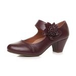 Ajvani Womens Ladies mid Chunky Heel Mary Jane Flower Padded Comfort Shoes, Dark Bordeaux, 5 UK