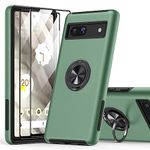 KOVASIA for Google Pixel 7A Case with 2-Pack Tempered Glass Screen Protector, 360° Rotating Metal Ring Stand Shockproof Phone Cover 3 in 1 Phone Case for Google Pixel 7A 5G 6.1", Green