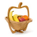 Relaxdays Foldable Apple-Shaped Basket: 30 x 27 x 22.5 cm Folding Bamboo Fruit Bowl Holder Basket And Cutting Board Wooden Fruit Bowl With An Apple-Design, Natural Brown