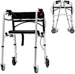 S AFSTAR Safstar 2-Button Folding Walker, Rollator Walker Seat & Wheels, Height Adjustabl Stand Up Walker w/Brakes, Reversible Seat Cushion, Heavy Metal Frame Backrest, Upright Walkers Seniors White