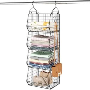 X-cosrack 4 Tier Foldable Closet Organizer, Clothes Shelves with 5 S Hooks, Wall Mount&Cabinet Wire Storage Basket Bins, for Clothing Sweaters Shoes Handbags Clutches Accessories Patent