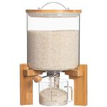 HBlife Glass Rice Dispenser with Wooden Stand Flour and Cereal Container with Glass Measuring Cup Pantry Food Organization Storage Bin with Airtight Bamboo Lid, 5L