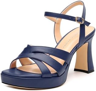 CDXJHYMY Women's Chunky Platform High Heels Block Heeled Sandals Open Square Toe Ankle Strap Dress Wedding Party Sandal Shoes 3.3'' Navy Blue Matte Size 10