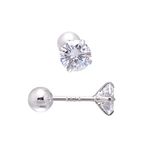 5MM Round Cubic Zirconia Studs Screw Backs Sterling Silver Earrings for Women, Diamond White