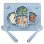 ROCCED Suction Plates for Baby Placemat Spoon Fork Set for Toddlers, Silicone Baby Plates with Suction Baby Dishes for Kids Plates-Bees Dusty Blue