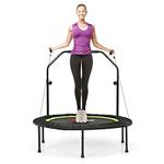 GYMAX 40" Mini Fitness Trampoline, Foldable Exercise Rebounder with 2 Resistance Bands and 4-level adjustable foam handrail, Indoor/Outdoor Gym Trampolines for Kids Adults (Green+Black)