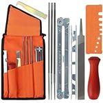 Belle Vous Chainsaw Sharpener File Kit - 1 Flat & 3 Round Files, Wood Handle, Depth Gauge, Quick Check Gauge, Bar Groove Cleaner & Filing Guide - for Sharpening & Filing Chain Saw & Other Blades