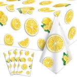 PTECDROTS 4Pcs Lemon Party Tablecloths, Yellow Tablecloth Plastic, Rectangular Lemonade Stand Supplie for Kids Birthday Baby Shower Summer Fruit Party, 86 x 51 Inch