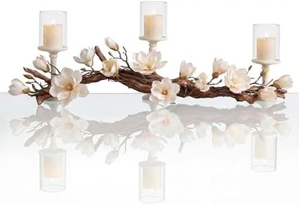 Magnolia Vine Driftwood Farmhouse Table Centerpiece - 3pc Candle Holder Set - Floral Table Decor for Dining Room, Living Room, Mantle & Weddings (Ivory)