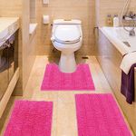 Striped Hot Pink Bathroom Rug Set 3 Pieces Ultra Soft, Non Slip Chenille Toilet Mat, Absorbent Plush Shaggy Bath Mats for Bathroom, Bedroom, Kitchen, Peach