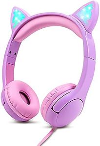 Kids Headphones, Safe 85db Volume Control Light Up Cat Ear Headphones for iPad Fire Tablet Kindle, On-Ear LED Children Headphones for School Learning Travel - Purple/Pink