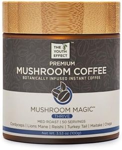 The Youth Effect Canadian mushroom coffee with 6 superfood mushrooms; organic cordyceps, lions mane, red reishi, turkey tail, maitake, and chaga mushrooms! (low caffeine coffee substitute. (adaptogenic coffee, organic mushrooms, 100 g, 50 servings, made in Canada)