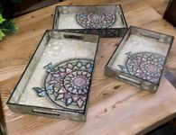 Wooden Tray Set of 3 Serving Mandala Wooden Trays for Serving & Decoration-Set of 3 | Handcrafted Organizers with Cut-Out Handles for Dining & Home Decor 16 * 10 * 2, 14 * 9 * 1.75 & 12 * 8 * 1.5