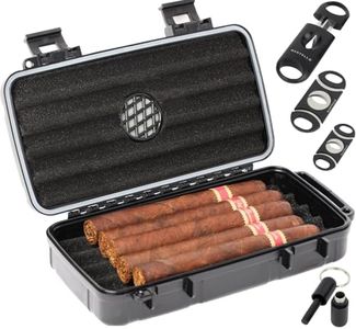 Mantello Travel Cigar Humidor Case - Cigar Case with 2 Ring, V-Cut & Punch Cutters - Waterproof & Airtight - Holds 5 Cigars- 5-Piece Cigar Accessories Cigar Gifts for Men