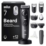 Braun Beard Trimmer Series 7, +12 Barbering Tools, Lifetime Sharp ProBlade, Up to 120 Min Runtime, 40 Lengths, Waterproof, PrecisionWheel & Lock, BT7545, Grey