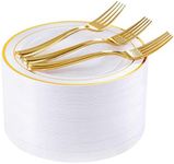 I00000 72 Pcs Gold Dessert Plates 7.5" with 72 Pcs Gold Plastic Forks 7.5", Heavyweight White with Gold Rim Plastic Plates, Gold Salad Plates for Party and Gold Appetizer Plates for Wedding