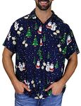 King Kameha Men's Ugly-Christmas-Shirt Funky Short-Sleeve Button-Up Ginger-Bread Print Casual, Christmas-Buddies, Blue, 4XL