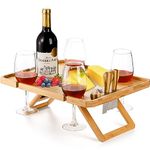 Kingrol Bamboo Wine Picnic Table with Wine Bottle, Glass and Cheese Knife Holder - Park, Camping, Beach, Outdoor Snack and Cheese Tray, Wine Lover Gift, Foldable and Portable, 16.1 x 12.5 x 6 Inches