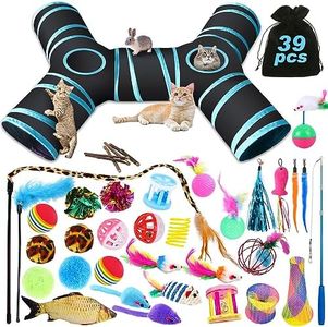 YUTUY Kit Jouets Chat 39 pièces Interactif, Jeux Chaton, pour Animaux Domestiques Toys Minou avec Tunnel,Plume,Poisson,Souris,Balle