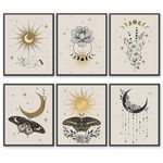 Abstract Canvas Wall Art Prints, Boho Golden Colors Esoteric Alchemy Mystical Magic Posters, Crescent, Sun, Stars, Floral Elements, Moth, Occultism Wall Decor (Spiritual Poster, 11"x14" UNFRAMED)