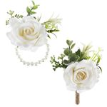 Yolev 2 Pieces White Corsage Wristlet and Boutonniere Set Handmade Artificial Bracelet Button Holes Rose Flower Bracelet for Prom Bride Wedding Bridesmaid Boutonniere for Men