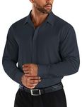 COOFANDY Men's Dress Shirts Slim Fit Long Sleeve Stretch Solid Formal Business Button Down Shirt Wrinkle-Free Navy Blue